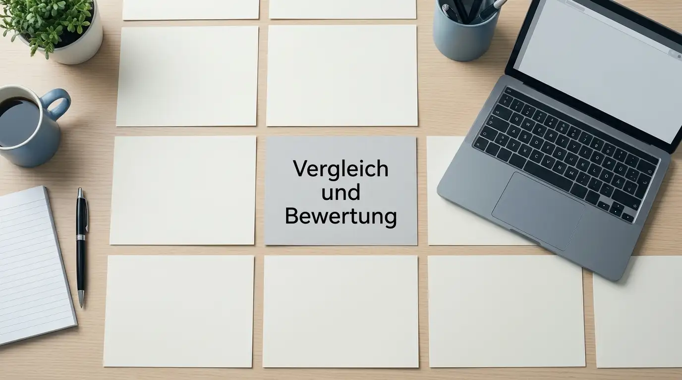 Aufgeräumter Schreibtisch mit Notizblock und Laptop zum Vergleich mehrerer Anbieter ohne Limit