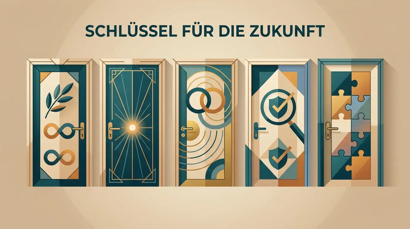 Fünf nebeneinanderstehende Türen mit je einem eigenen Symbol für Erfahrung, Tempo und Transparenz