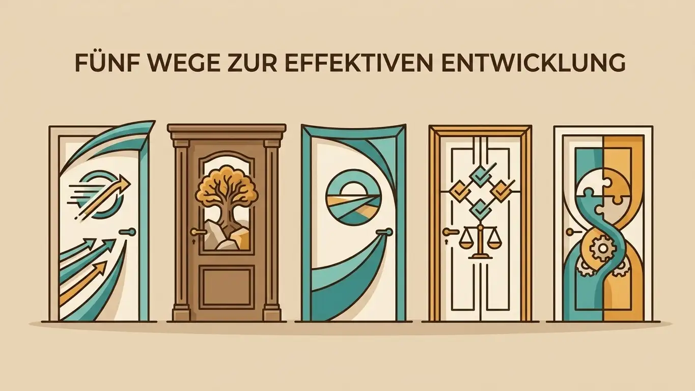 Fünf verschiedene Türen nebeneinander, jede mit einem anderen Symbol für Tempo, Erfahrung und Transparenz