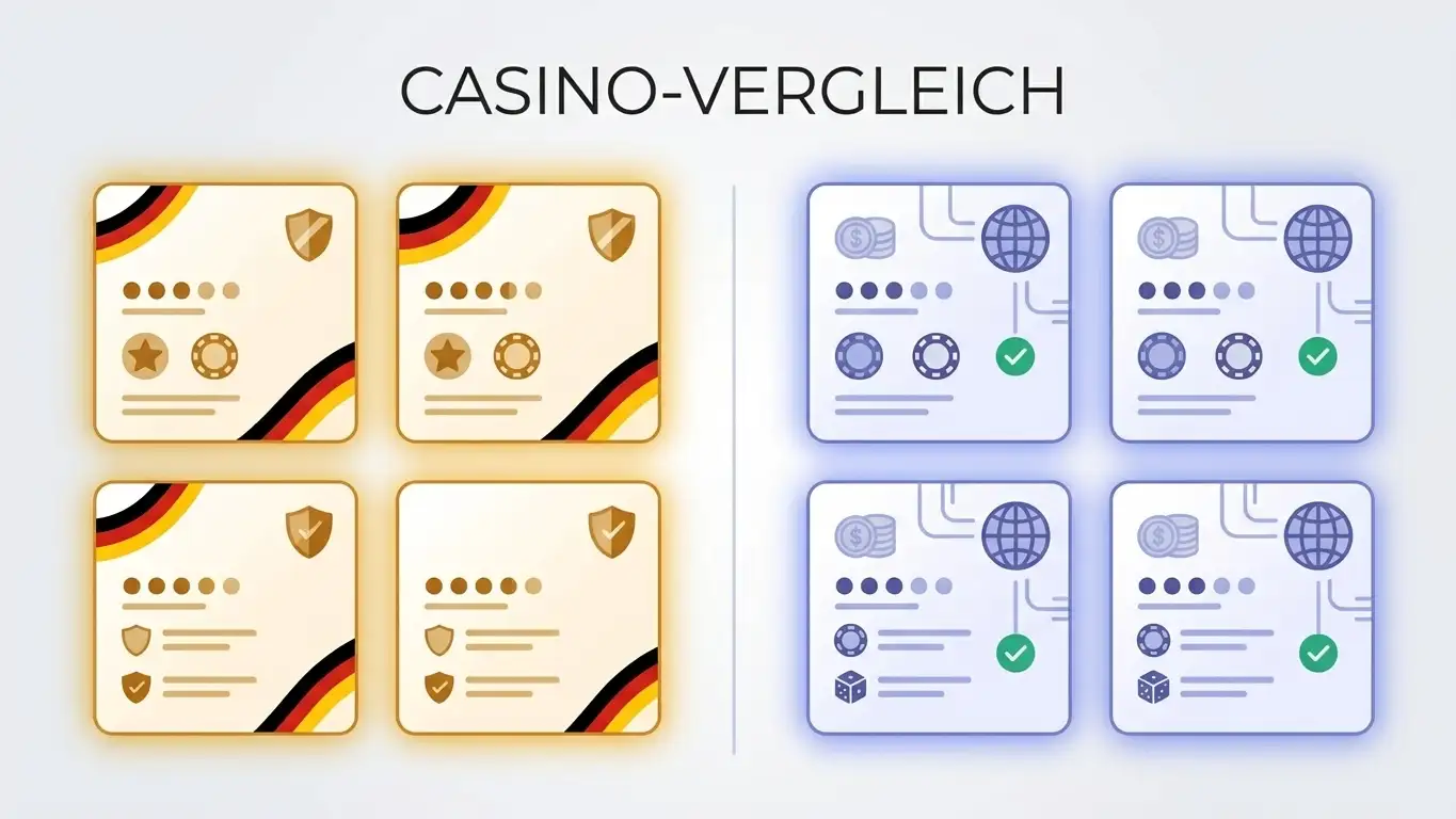 Gegenüberstellung von sechs Anbietern, sortiert nach legalen GGL-Spielotheken und internationalen Casinos ohne OASIS