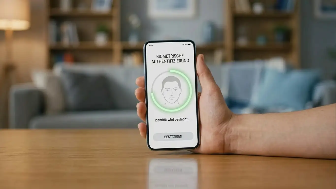 Smartphone mit Face ID-Bestätigung und Apple Wallet auf dem Bildschirm