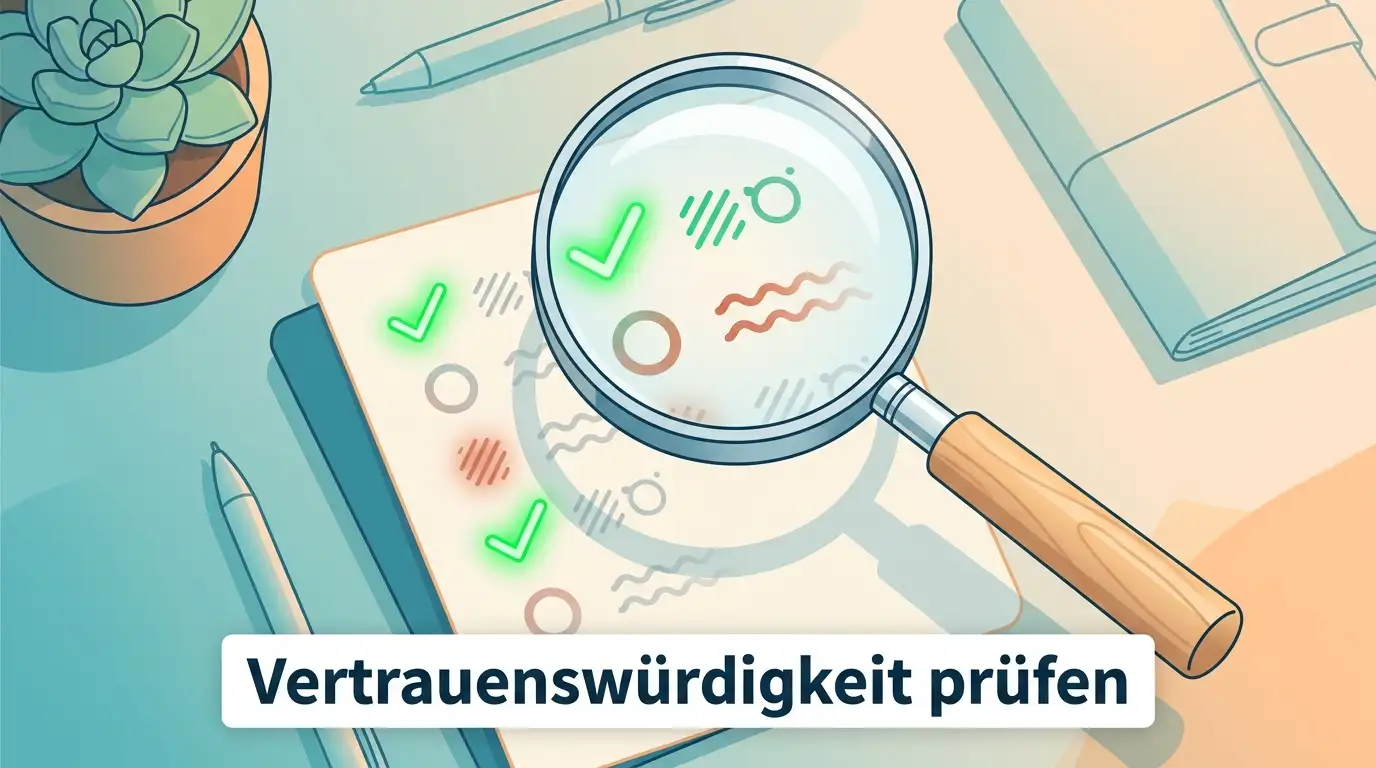 Eine Prüf-Checkliste mit Lupe, die verlässliche von zweifelhaften Merkmalen trennt