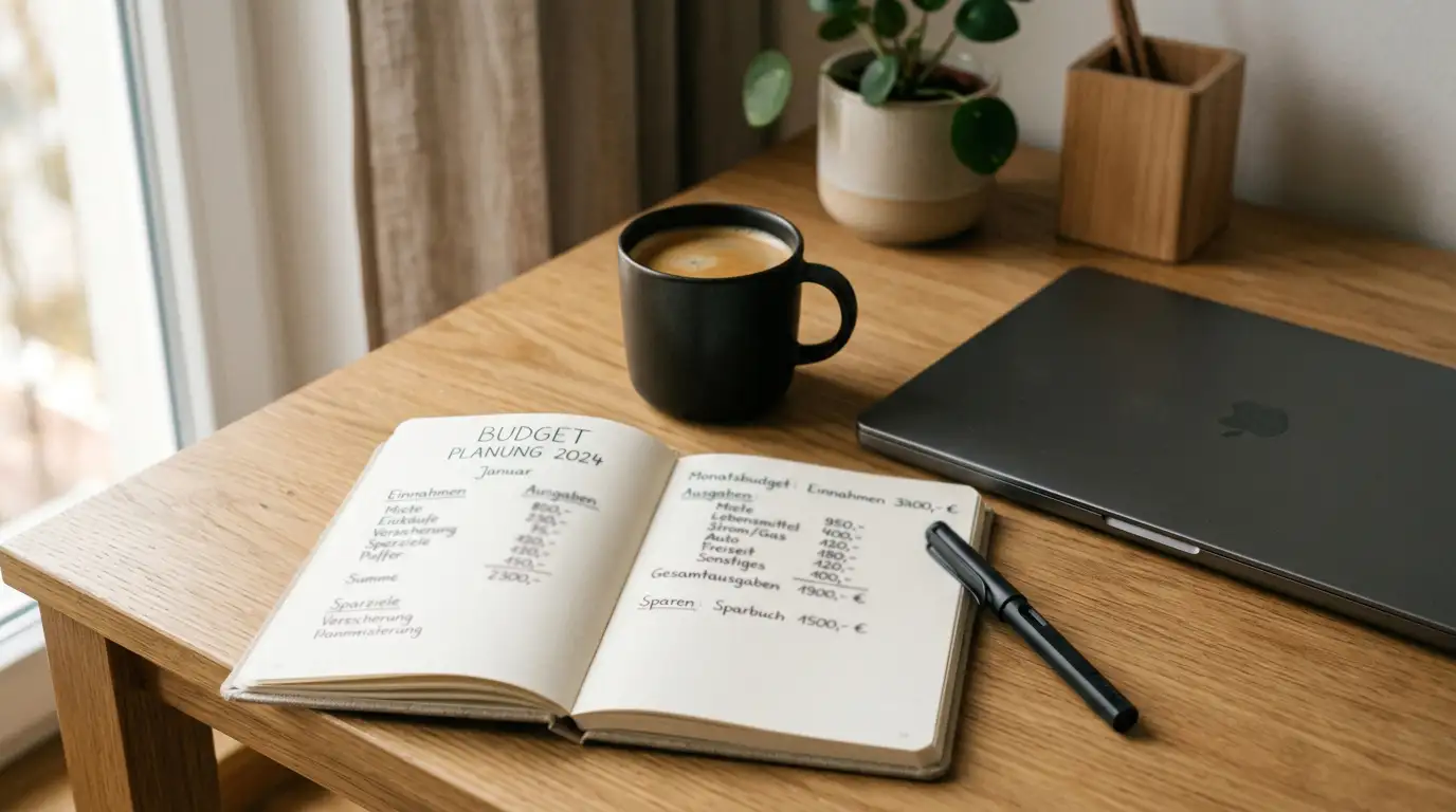 Ruhiger Schreibtisch mit Notizblock und Stift für ein festes Spielbudget