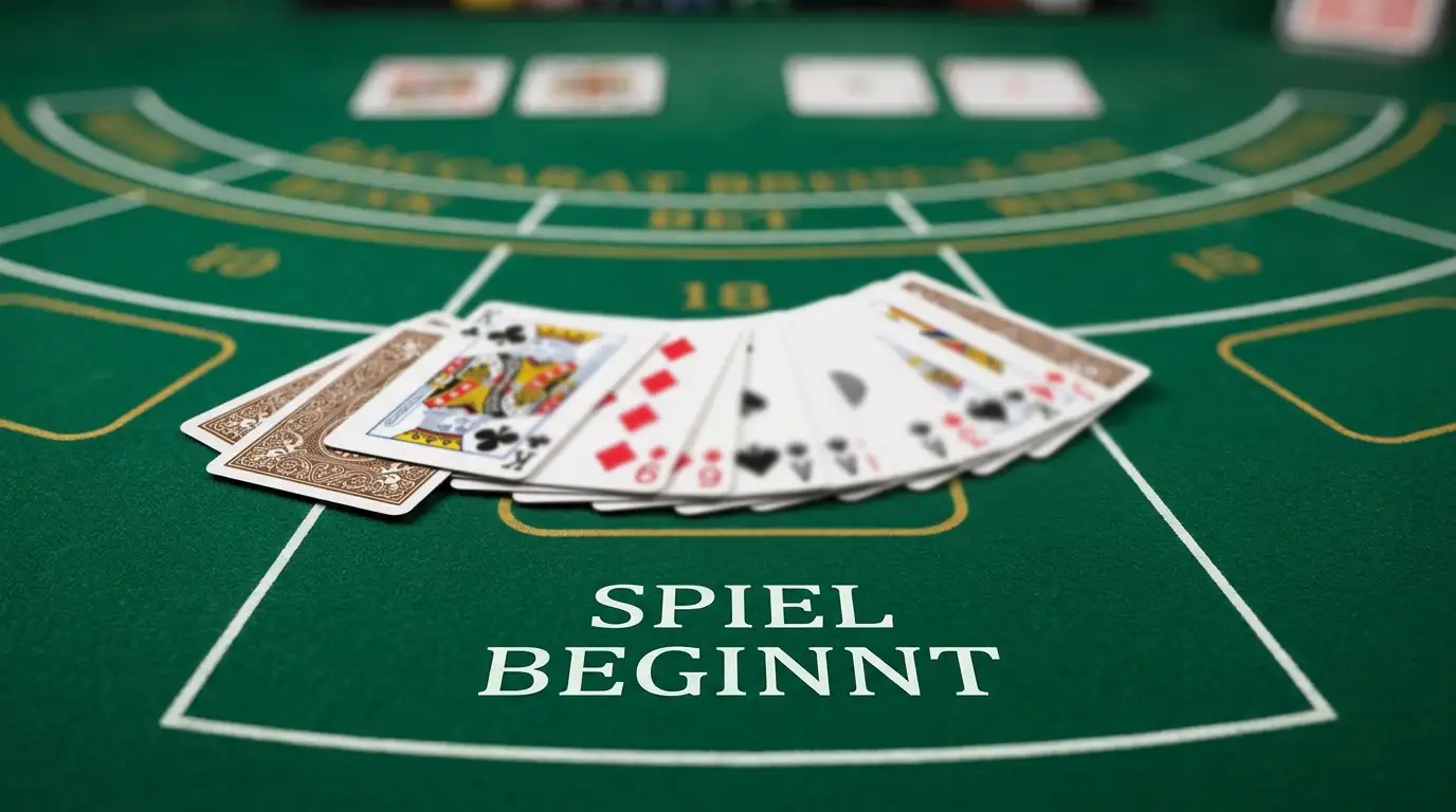 Aufgefächerte Spielkarten auf grünem Baccarat-Tisch ohne Croupier-Gesicht