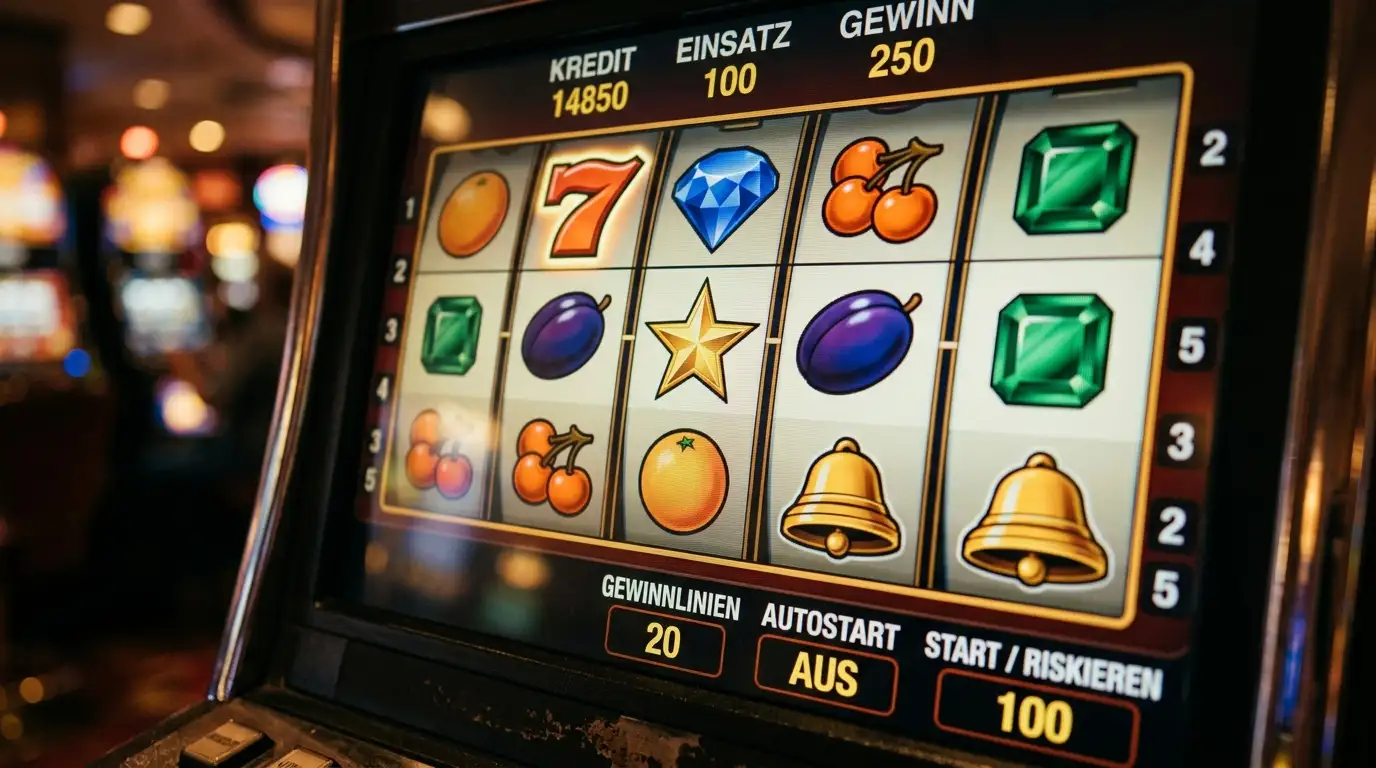 Nahaufnahme von Walzensymbolen eines Jackpot-Spielautomaten ohne erkennbare Marke