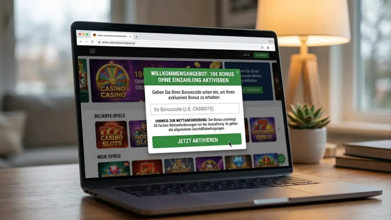 Screenshot eines Browser-Casinos mit Bonus-Popup auf Laptop-Bildschirm