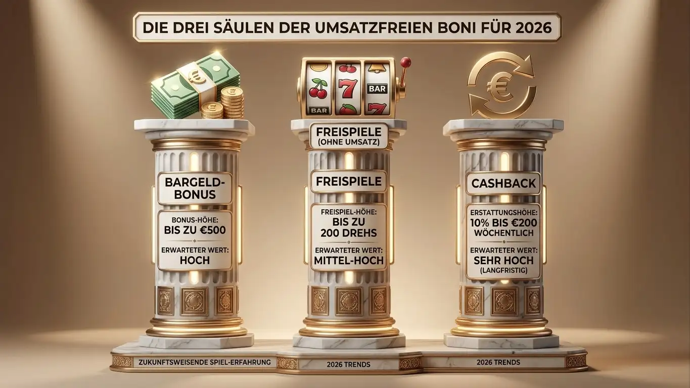 Übersicht der drei No-Wagering-Formen als drei Säulen visualisiert — Echtgeld-Bonus, Cash Spins, Cashback