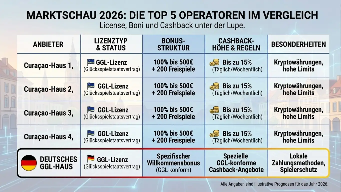 Vergleichsmatrix der fünf priorisierten Anbieter mit Lizenz, Bonus-Form und Cashback-Höhe