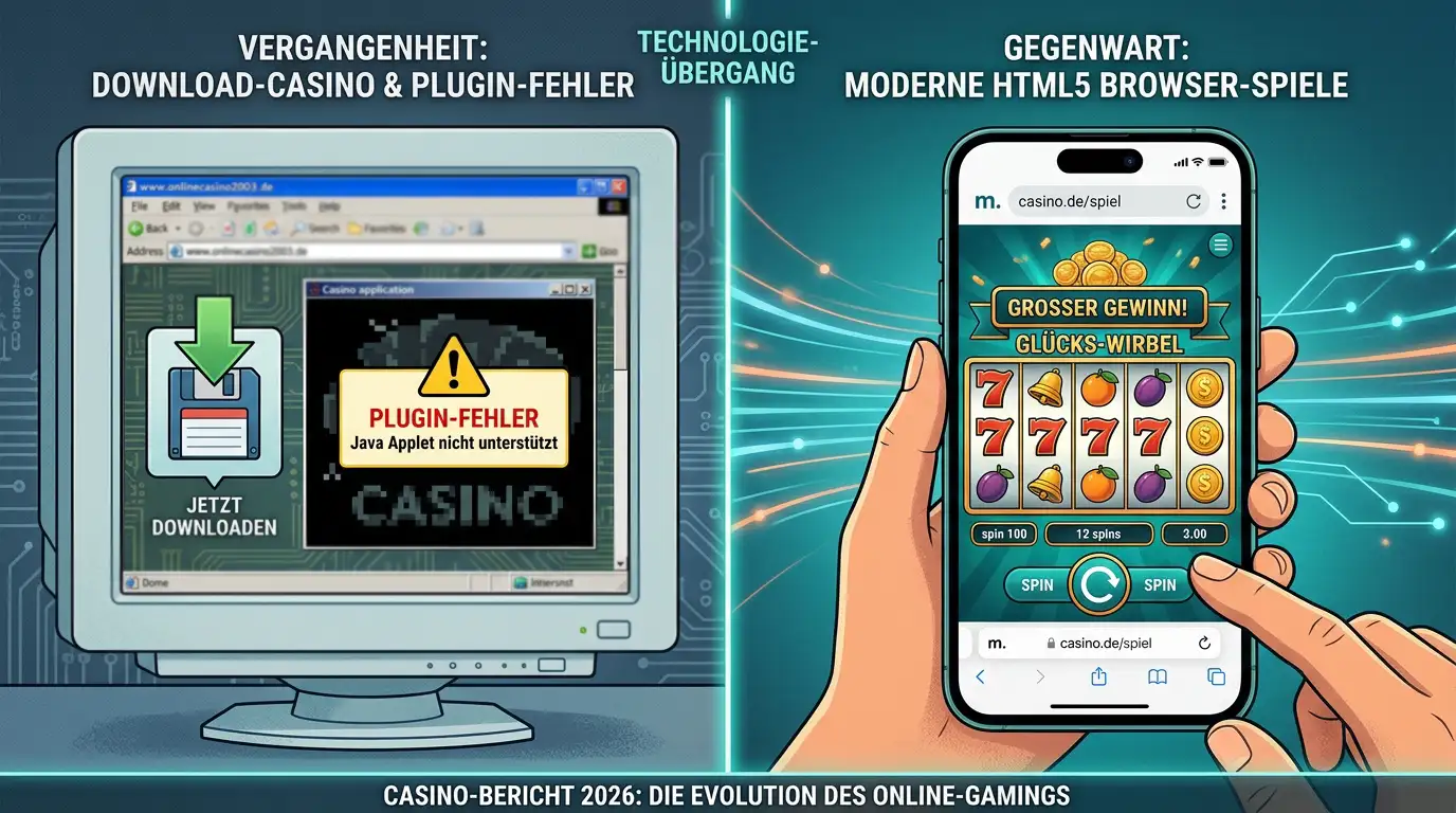 Vergleich Legacy-Download-Casino vs. modernes HTML5-Browser-Casino nebeneinander