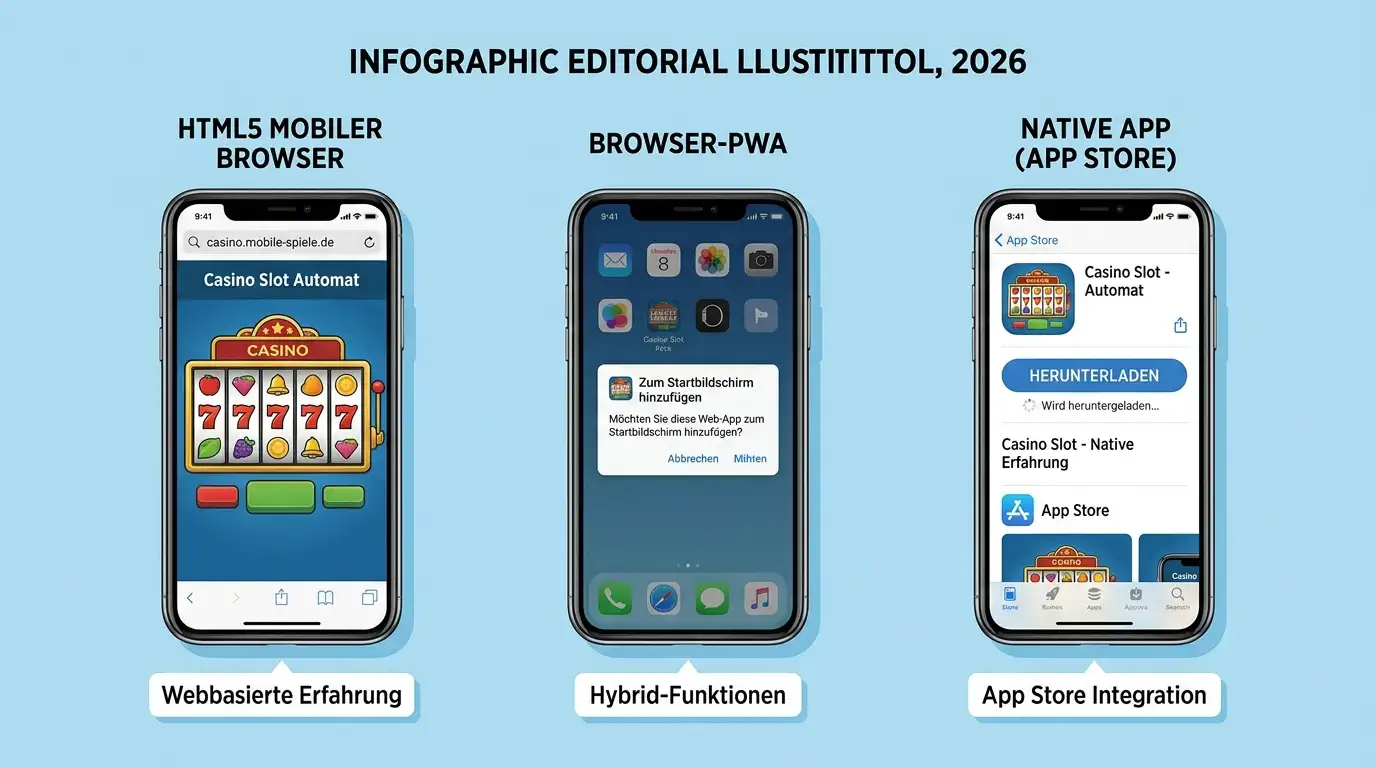 Drei Plattform-Varianten — HTML5-Browser, Browser-PWA-Homescreen, native App-Icon