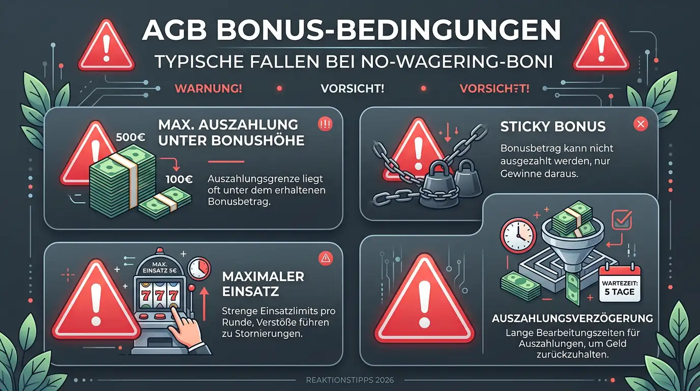 AGB-Auszug mit Pseudo-Bonus-Fallen sichtbar markiert — Max-Cap, Sticky-Bonus, Max-Einsatz, Gutschrift-Verzögerung