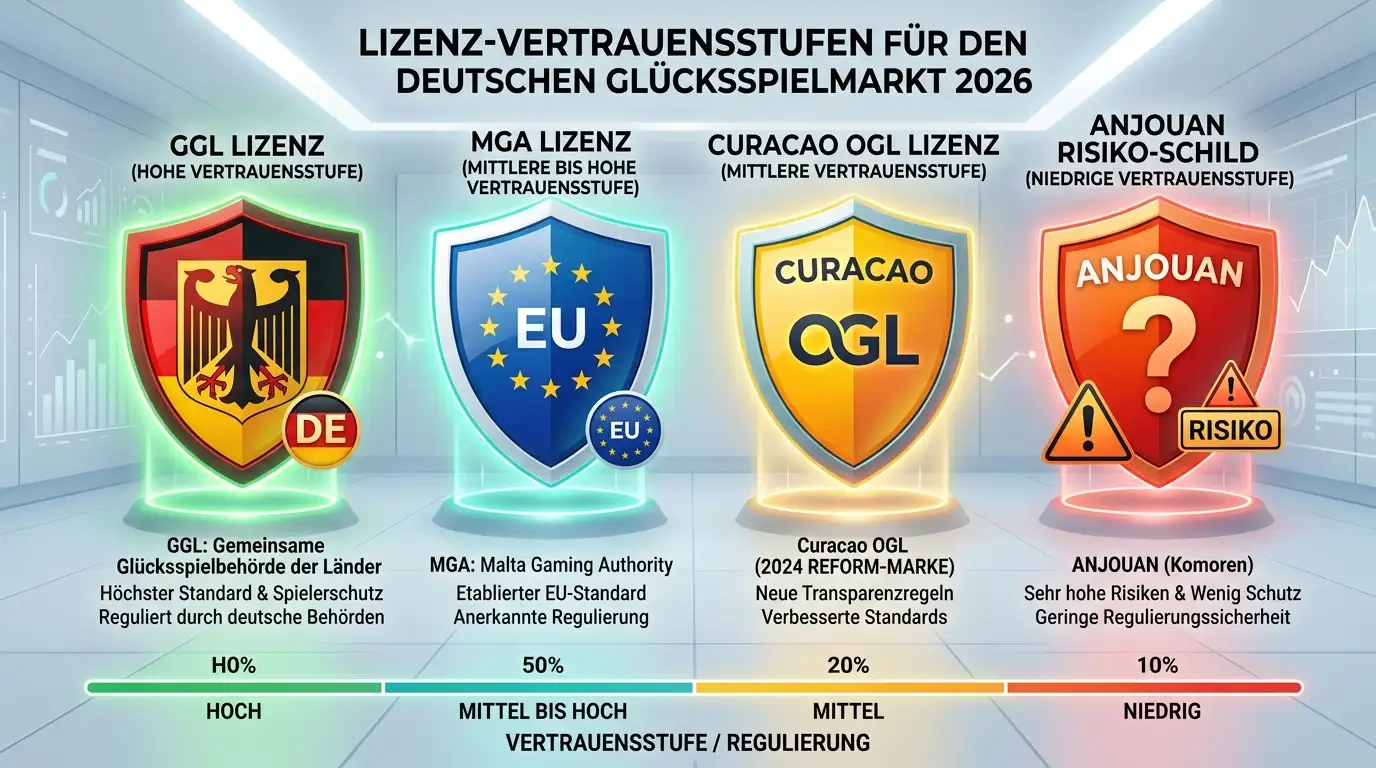 Lizenz-Vertrauens-Tabelle in Form von vier Schilden mit Bewertung GGL/MGA/Curaçao-OGL/Anjouan