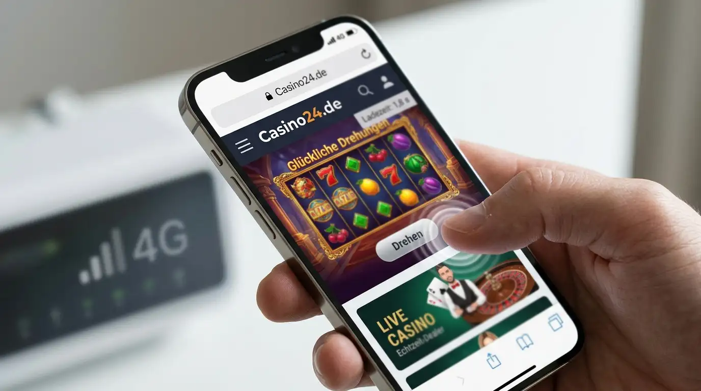 Smartphone-Browser mit Slot-Spiel und Ladezeit-Anzeige auf 4G