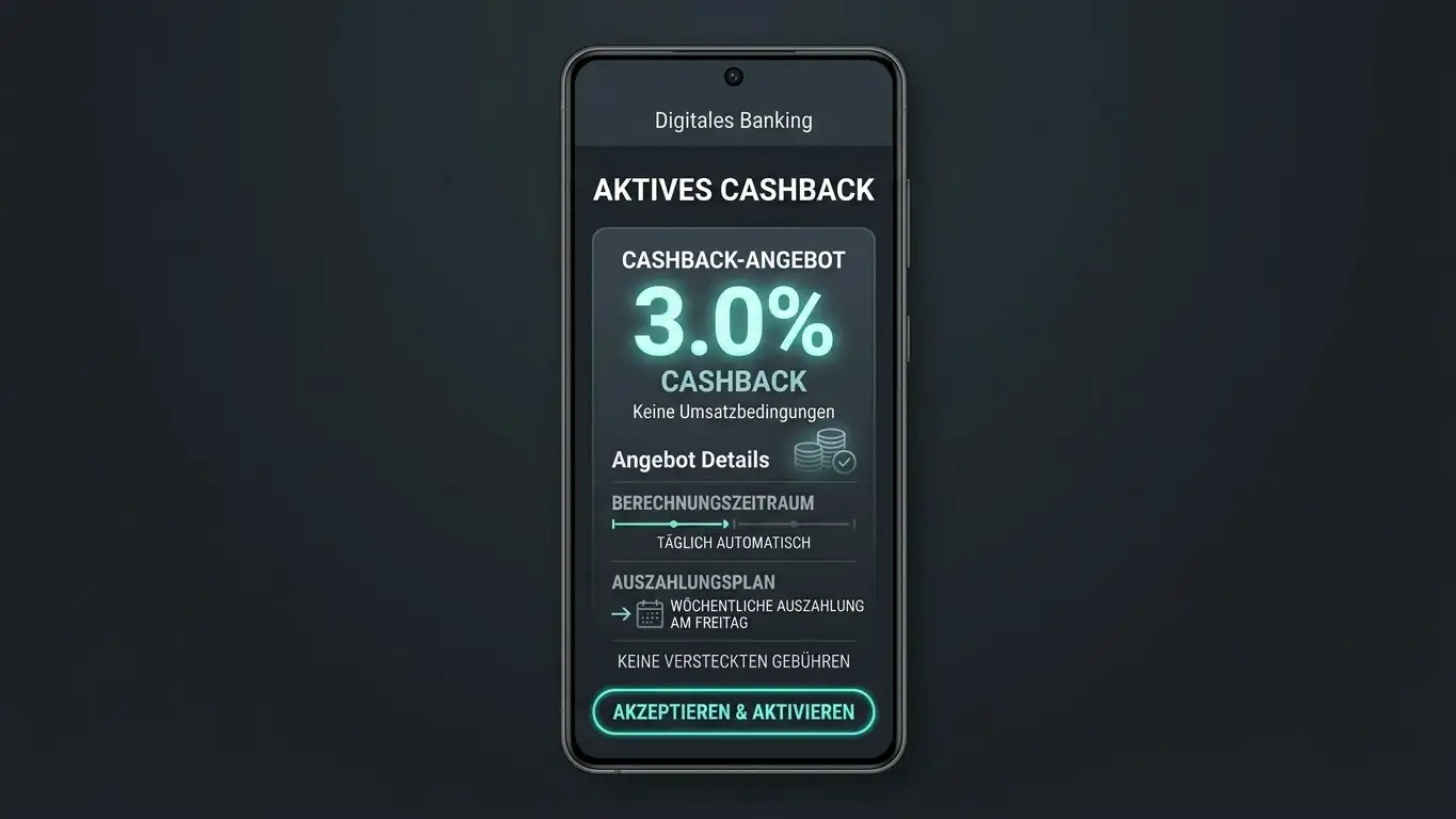 Mobile-Anzeige eines Cashback-Angebots ohne Wagering — Prozentsatz, Zeitraum, Berechnung
