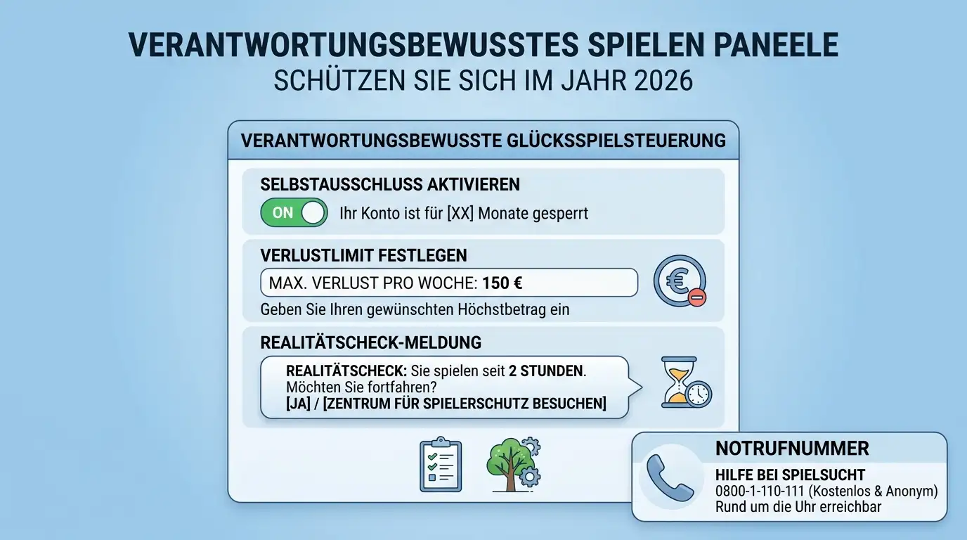Verantwortungs-Tool-Panel auf Spielerkonto mit Selbstausschluss, Verlust-Limit, Reality-Check
