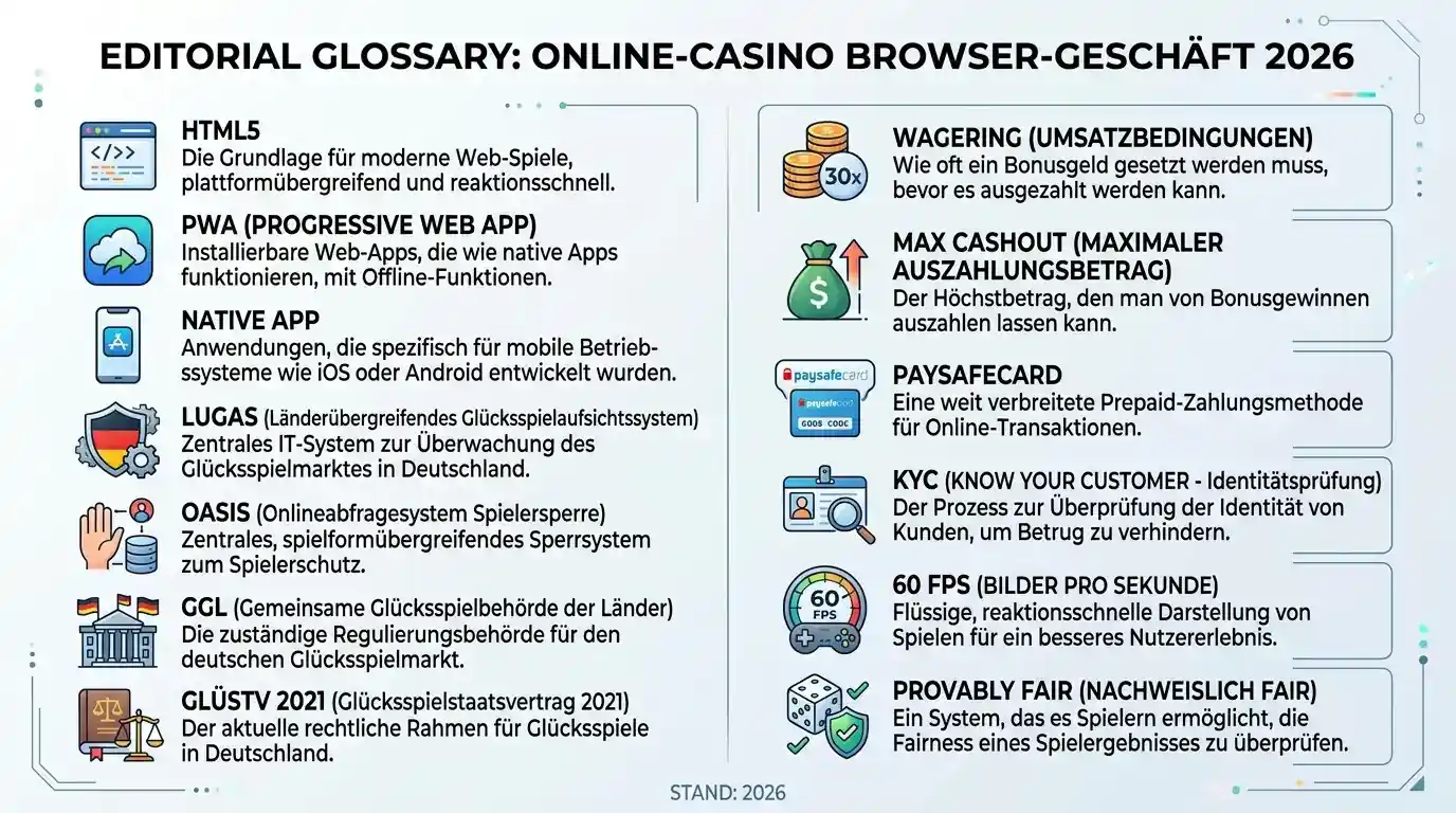 Glossar-Tabelle im Glossar-Stil mit Fachbegriffen rund um Browser-Casino und DE-Glücksspiel