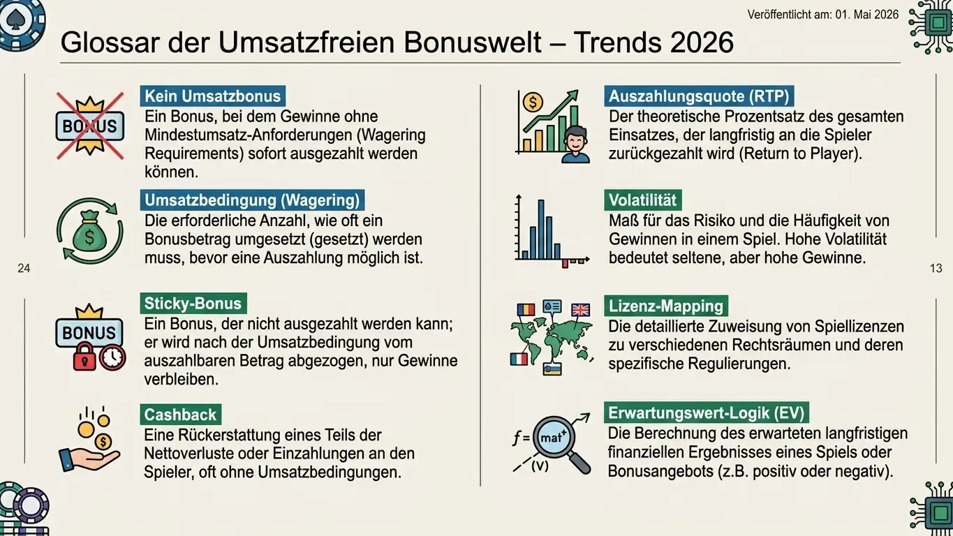 Glossar-Tafel mit zentralen Fachbegriffen zu No-Wagering-Bonus, Wagering-Faktor, Lizenz-Mapping