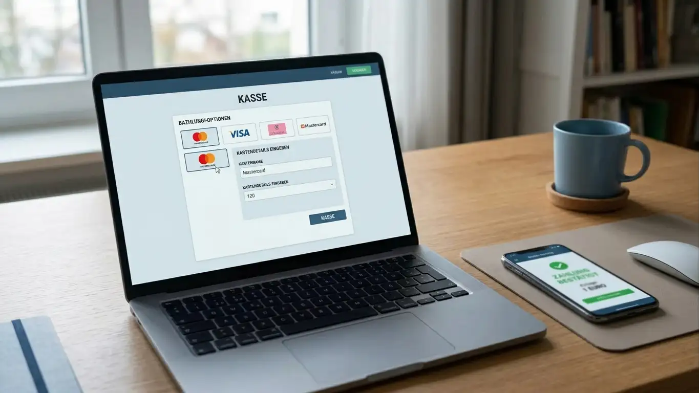 BingBong-Kassenbereich mit ausgewählter Mastercard und Banking-App-Bestätigung einer 1-Euro-Einzahlung