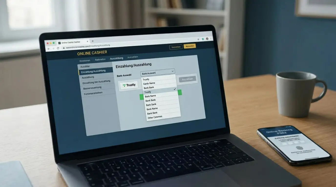 BingBong-Kassenbereich mit ausgewählter Trustly-Bank-Auswahl und PSD2-Bestätigung in der Banking-App