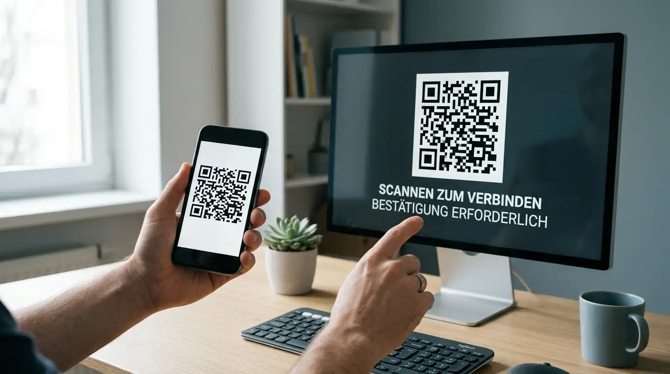 Smartphone und Monitor zeigen parallele QR-Codes für eine BTC-Einzahlung an einem Schreibtisch