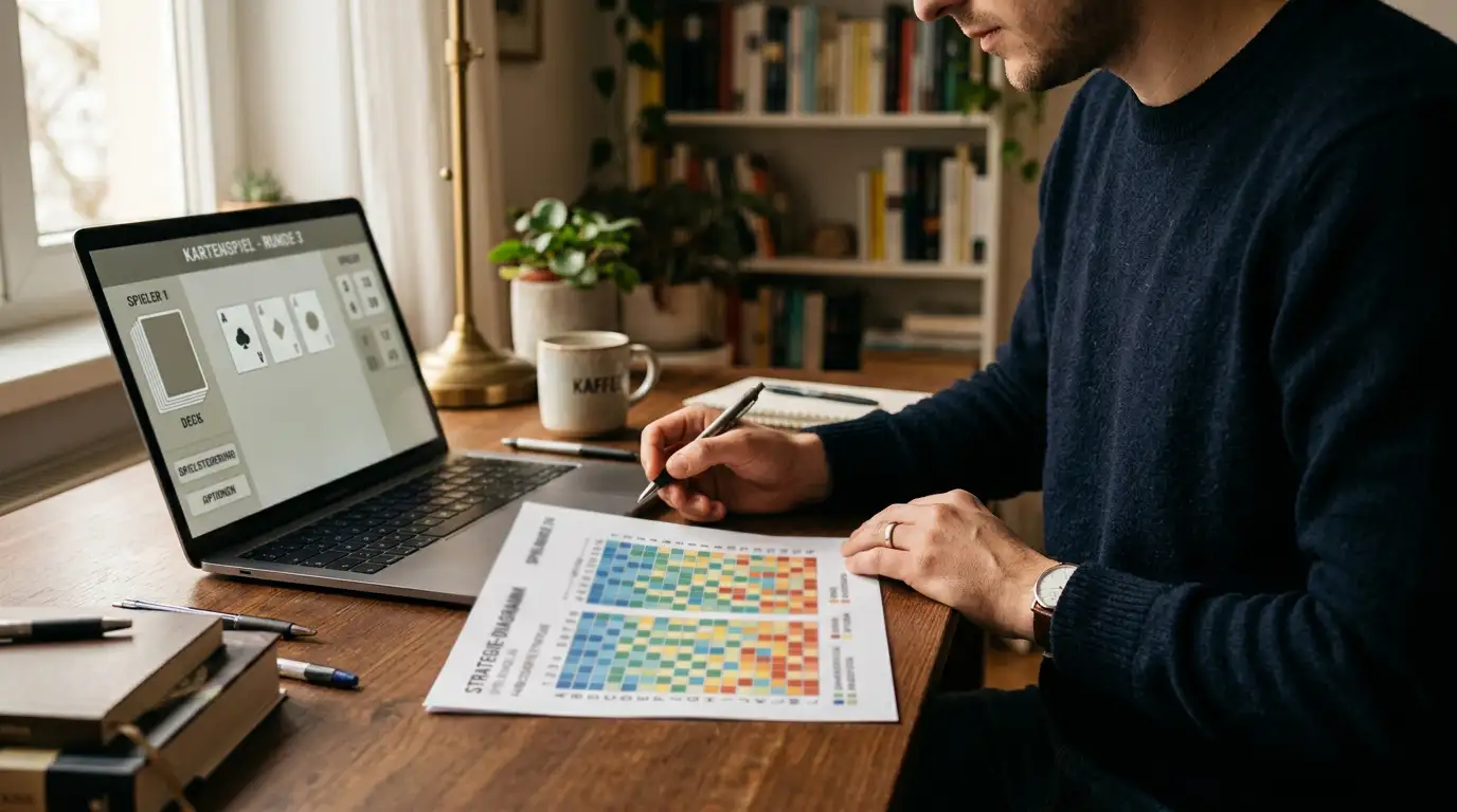 Person mit gedruckter Blackjack-Strategietabelle und Notizblock am Laptop