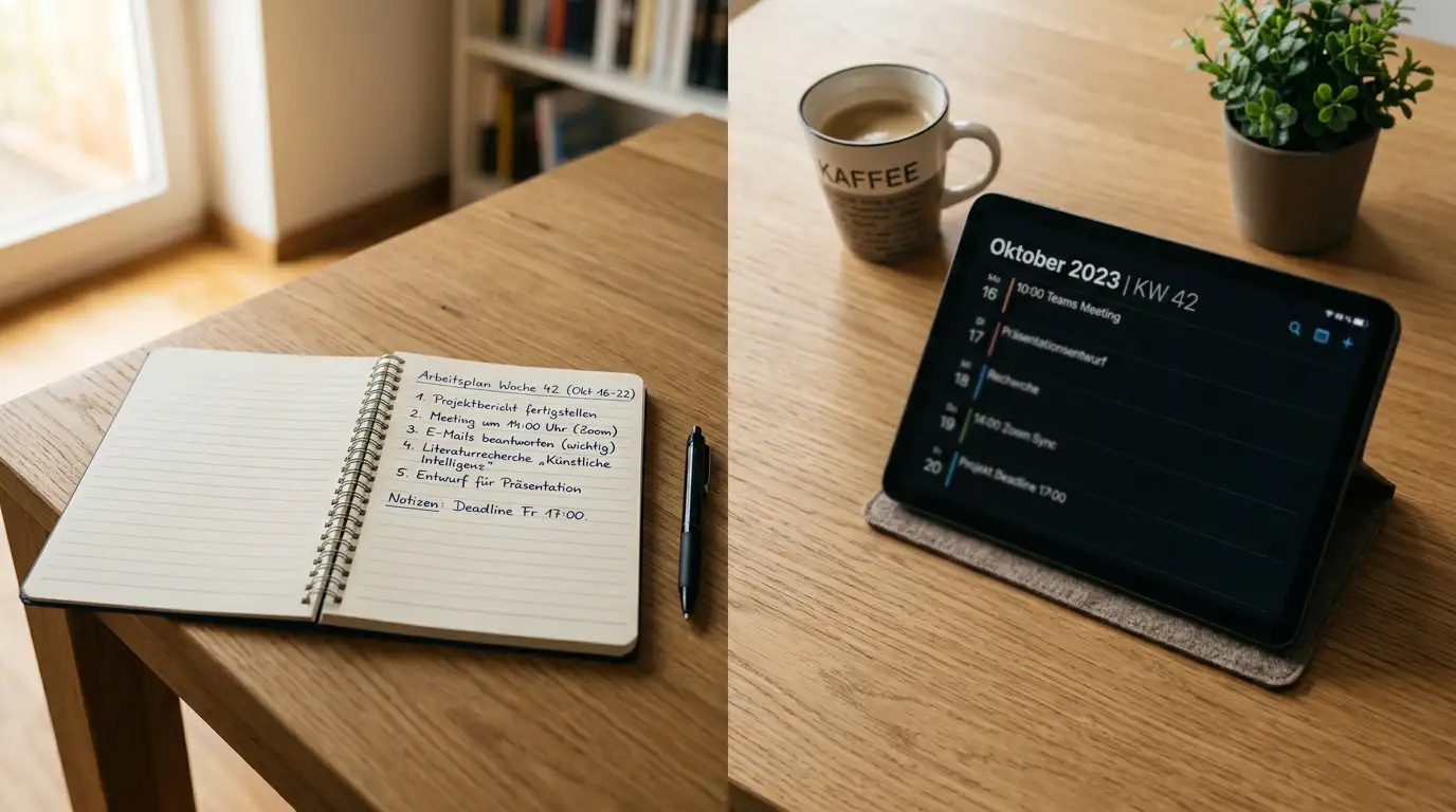 Geteilte Gegenüberstellung — links strenge deutsche Limits als liniertes Notizbuch, rechts ein prall gefülltes Bonusangebot-Display