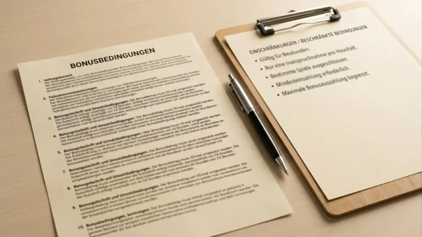 Zwei Bonus-Bedingungen gegenübergestellt — hoher Bonus mit langen Umsatzbedingungen versus kein Bonus mit klaren Limits