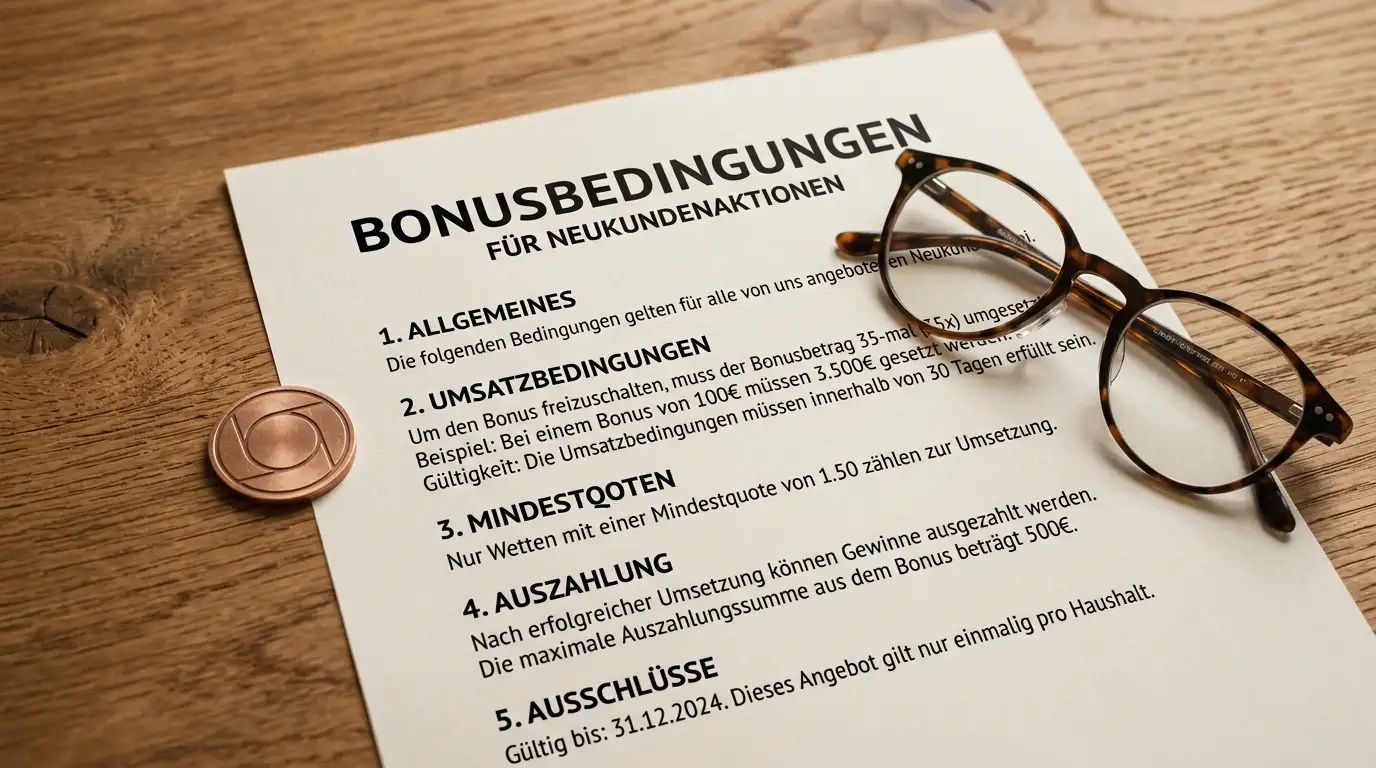 Bonusbedingungen auf Papier mit Lesebrille und abstraktem Spielmarke ohne Wertangabe