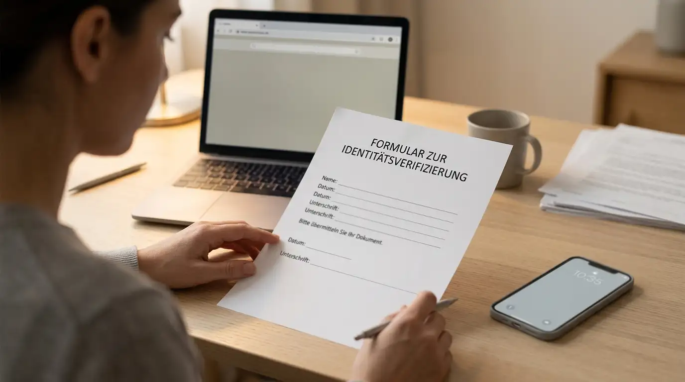 Person prüft am Laptop einen Auszahlungsantrag und Ausweisdokument zur Verifizierung