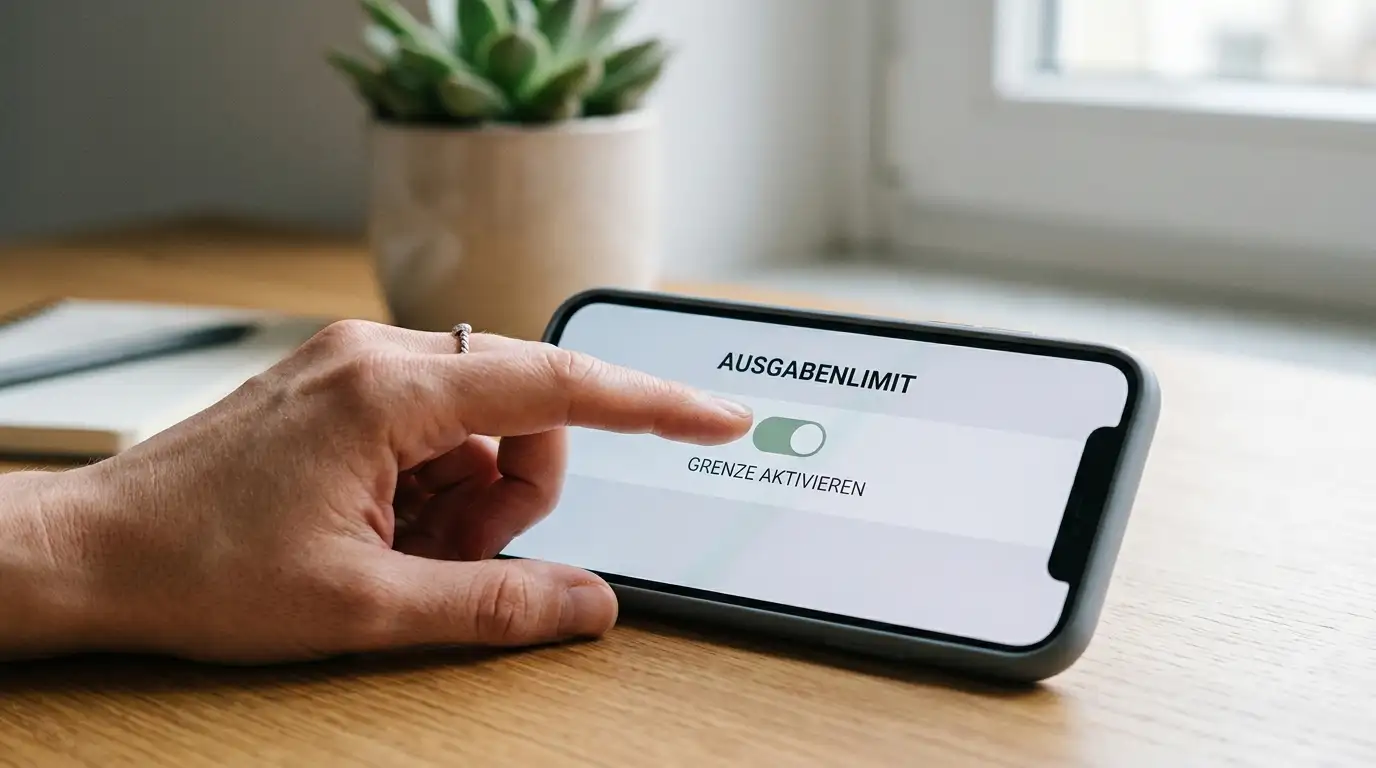 Hand stellt am Smartphone ein Einzahlungslimit für sicheres Spielen ein