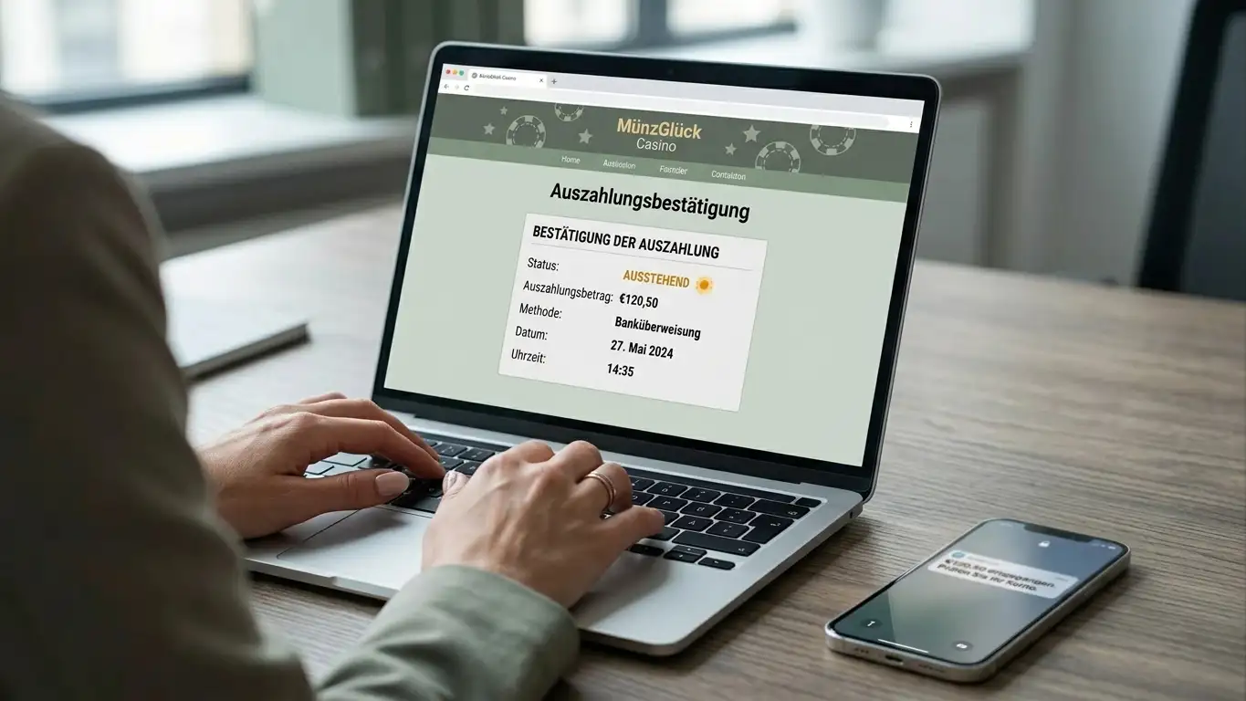 Laptop mit geöffneter Casino-Auszahlungsseite und Überweisungs-Bestätigung