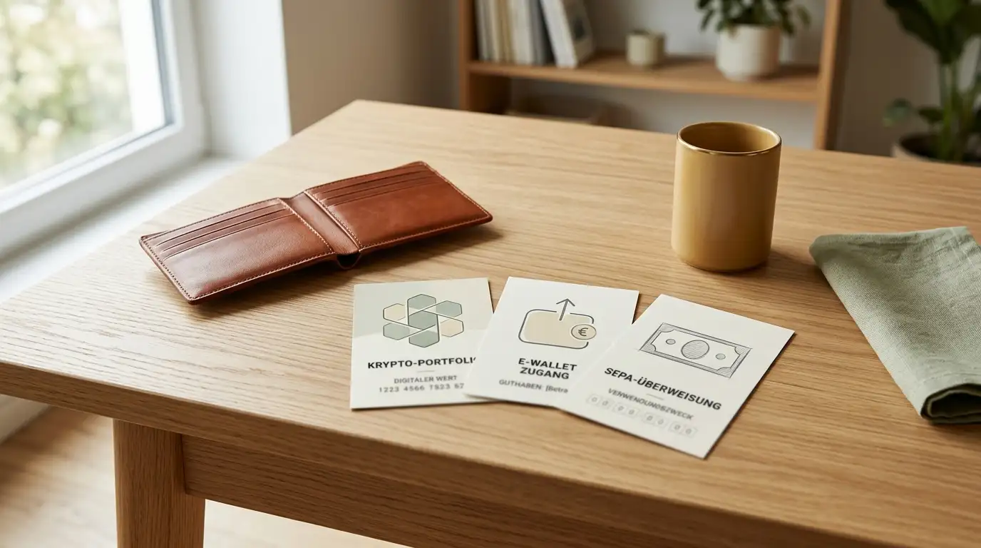 Drei Auszahlungswege: Krypto-Wallet, E-Wallet-App und SEPA-Bankkonto auf einem Bildschirm