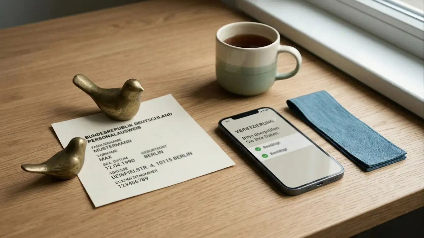 Identitätsprüfung bei Auszahlung — Ausweis, Adressnachweis und E-Wallet-Bestätigung auf einem Schreibtisch