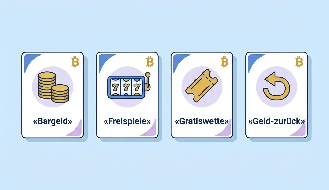 Bonus-Formen-Illustration: vier Karten mit Startguthaben-Cash, Free Spins, Freebet und Cashback nebeneinander
