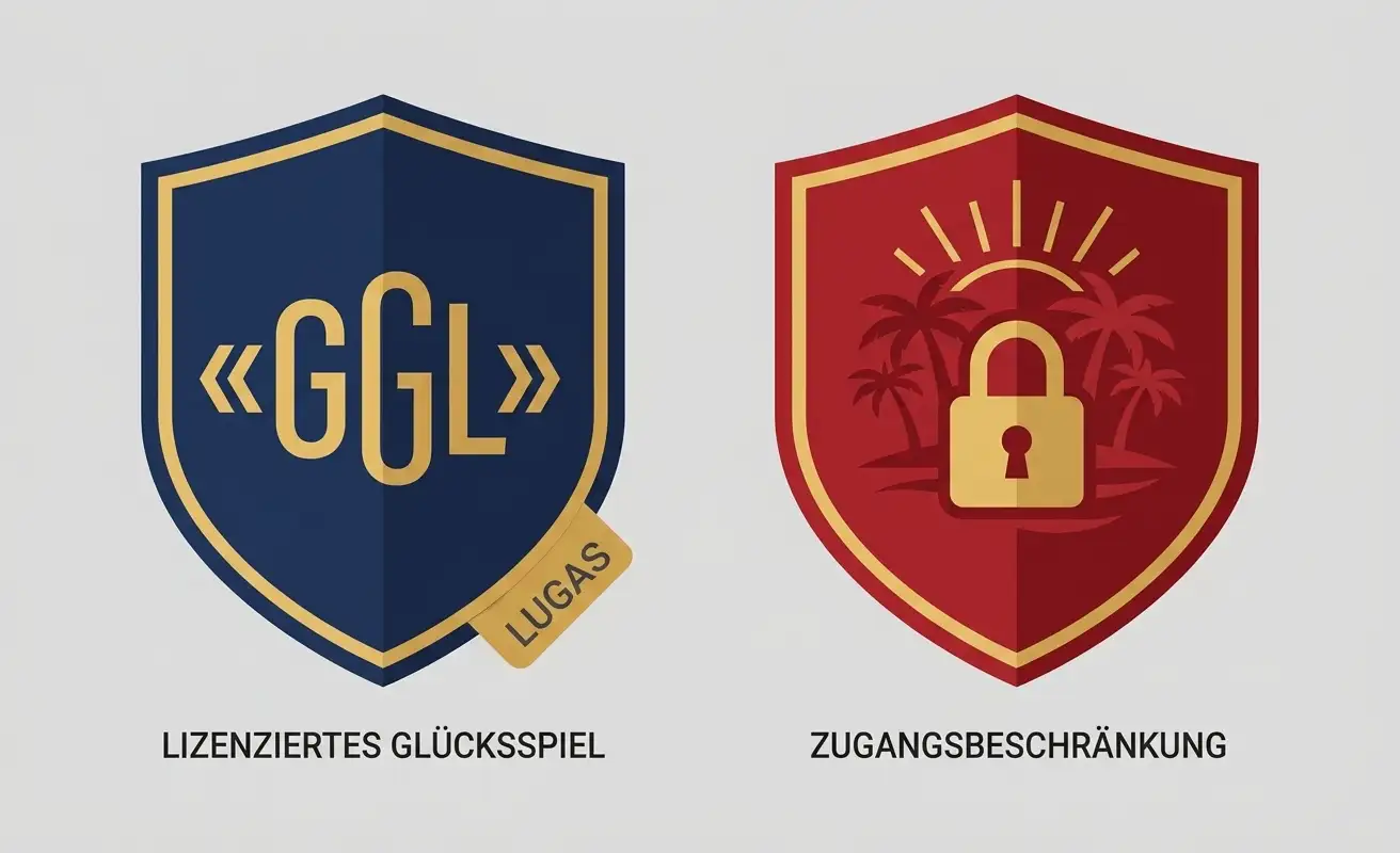 DE-Regulierung-Illustration: zwei Schilder nebeneinander — GGL-Schild mit LUGAS-Logo und OASIS-Schild mit Sperr-Symbol