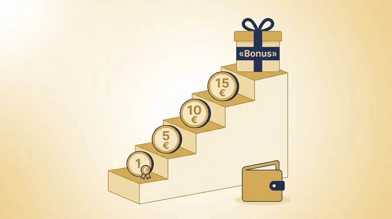 Mini-Einzahlungs-Illustration: Treppe mit 1-€, 5-€, 10-€- und 15-€-Symbolen als Aufstieg zur Folge-Bonus-Stufe