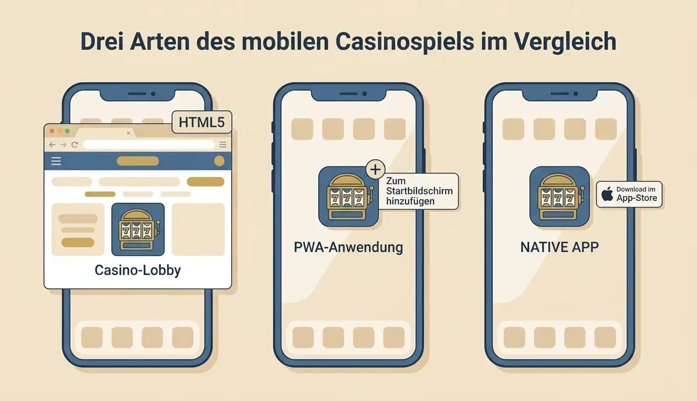 Plattform-Illustration: drei Smartphone-Symbole nebeneinander, eines mit HTML5-Browser-Logo, eines mit PWA-Homescreen-Symbol, eines mit App-Store-Logo