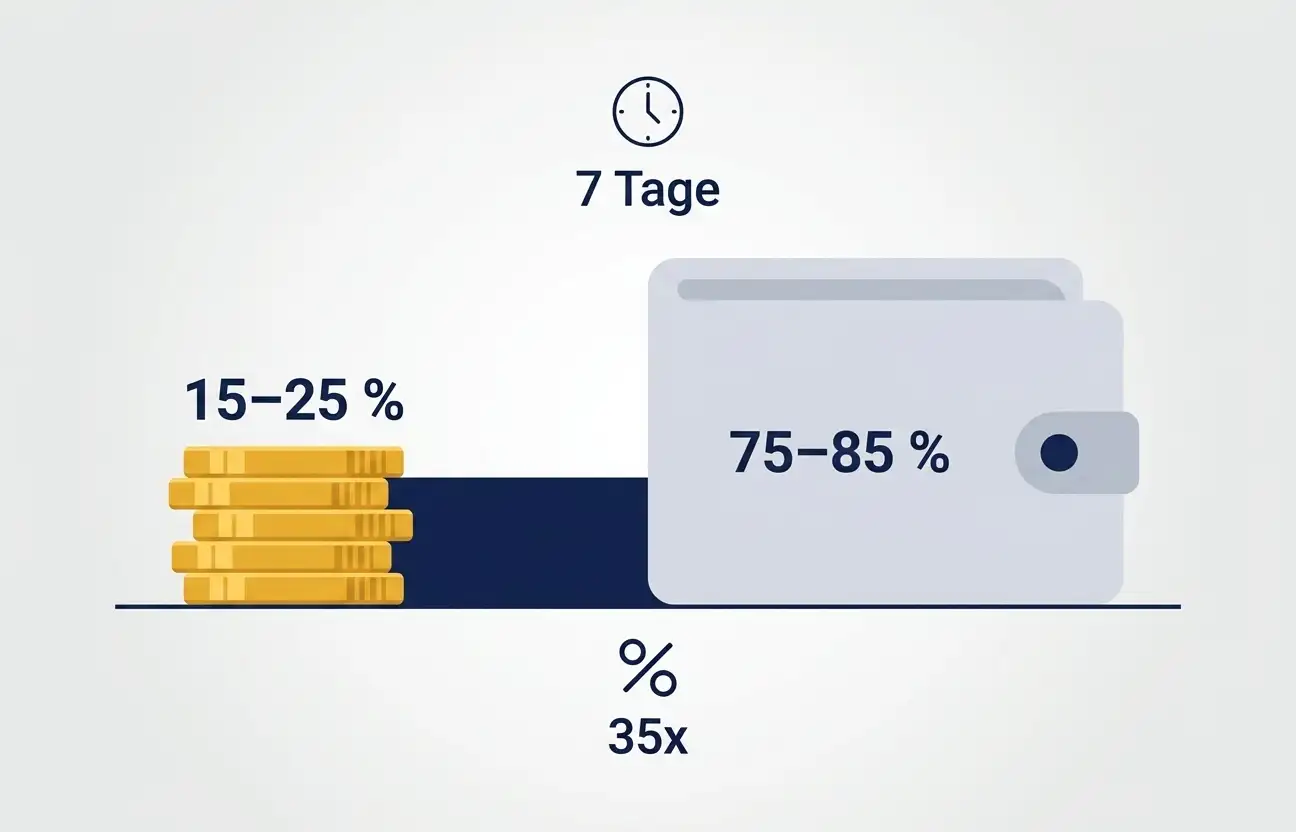 Realitäts-Check-Illustration: Balken-Diagramm mit 25 % Erfolg links und 75–85 % Verlust rechts, dazu Kasse mit Auszahlungs-Stapel