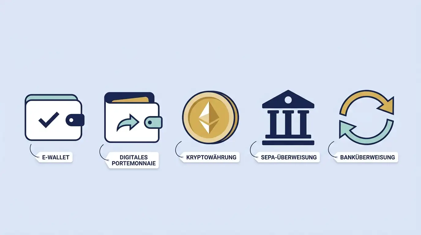 Zahlungsweg-Illustration: fünf Bezahl-Symbole in einer Reihe — PayPal-Logo, Skrill-Logo, Krypto-Coin, SEPA-Bank