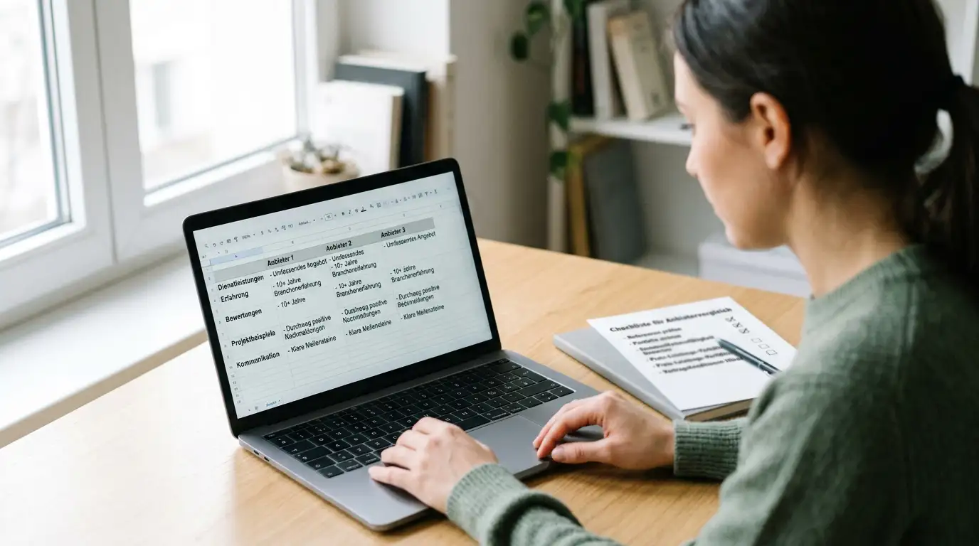 Person am Laptop vergleicht mehrere Anbieter-Profile auf einem ruhigen Schreibtisch