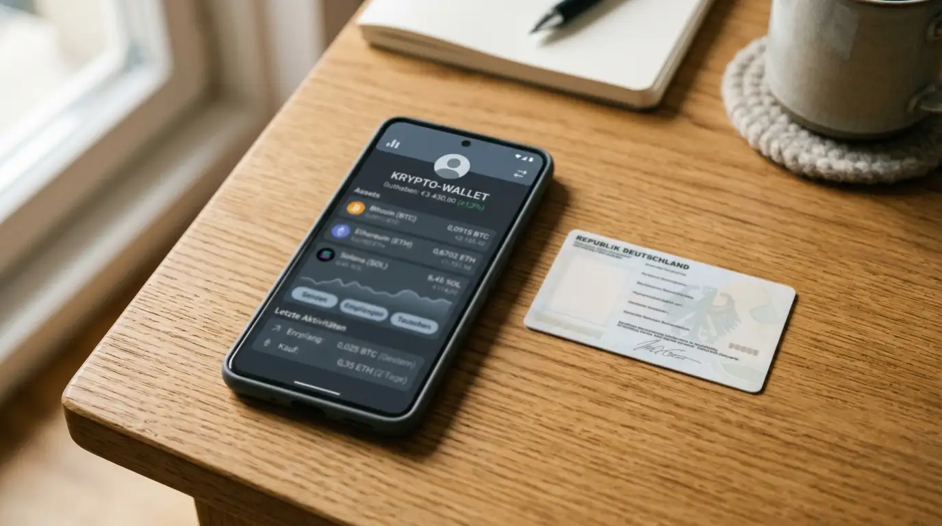 Smartphone mit neutraler Krypto-Wallet neben einem Ausweisdokument zur Verifizierung