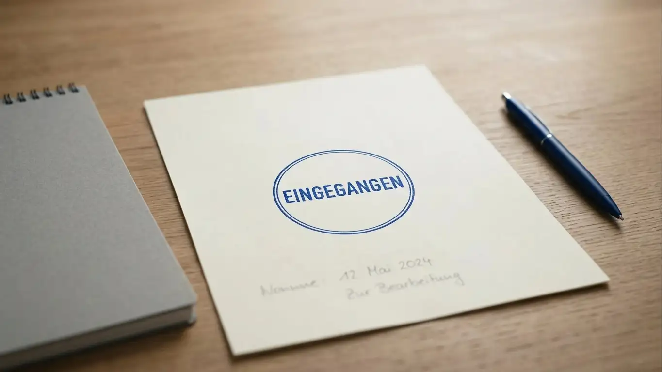 Deutsches Glücksspieldokument mit Stempel neben einem Notizblock auf einem Schreibtisch