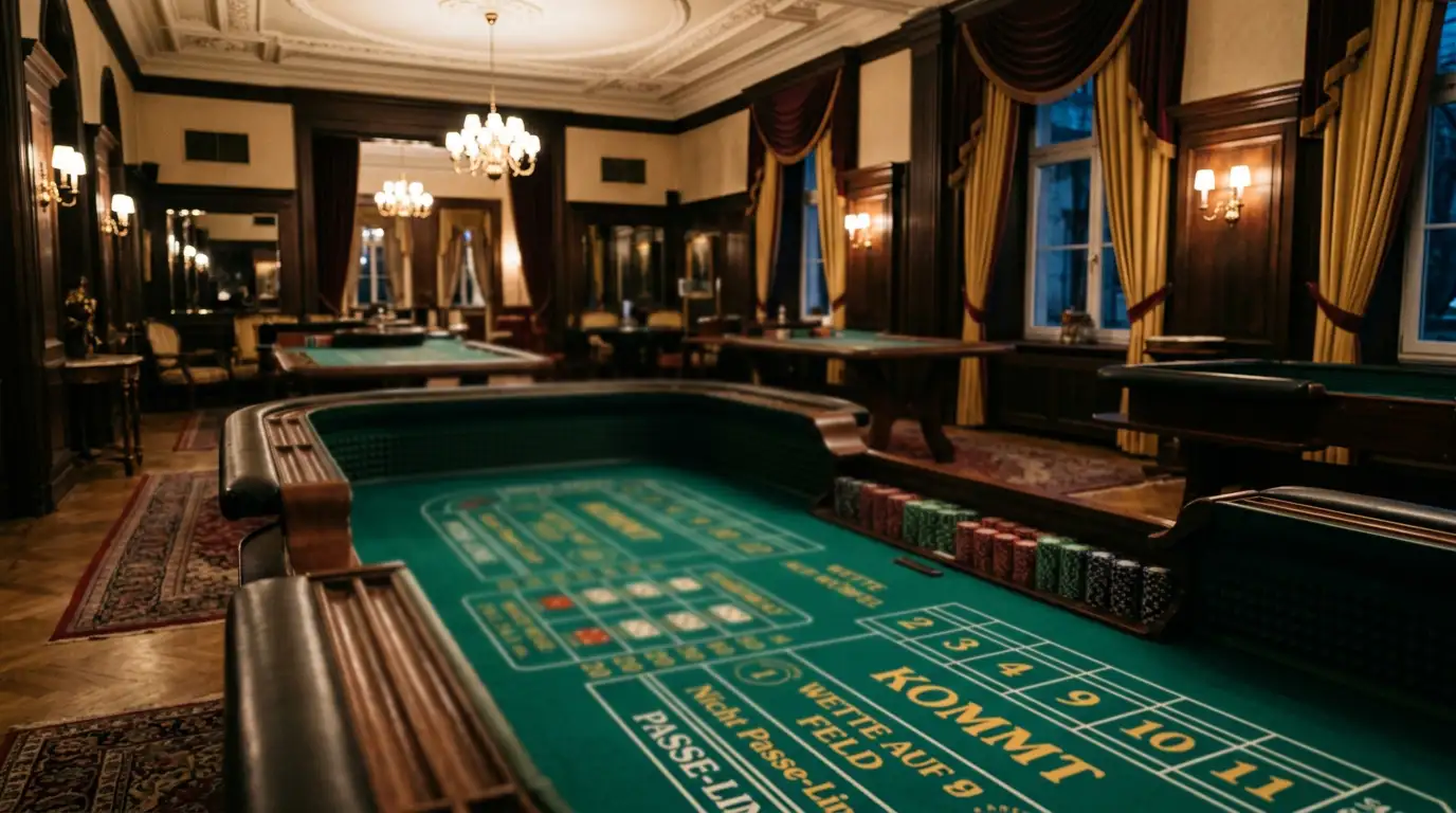 Ruhiger Spielbank-Saal mit einem klassischen Würfeltisch im Vordergrund