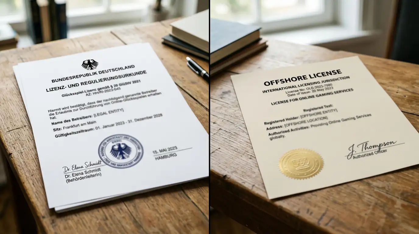 Geteilte Gegenüberstellung — links ein geordneter Schreibtisch mit GGL-Stempel, rechts ein aufgeräumter Offshore-Arbeitsplatz mit Curaçao-Dokument