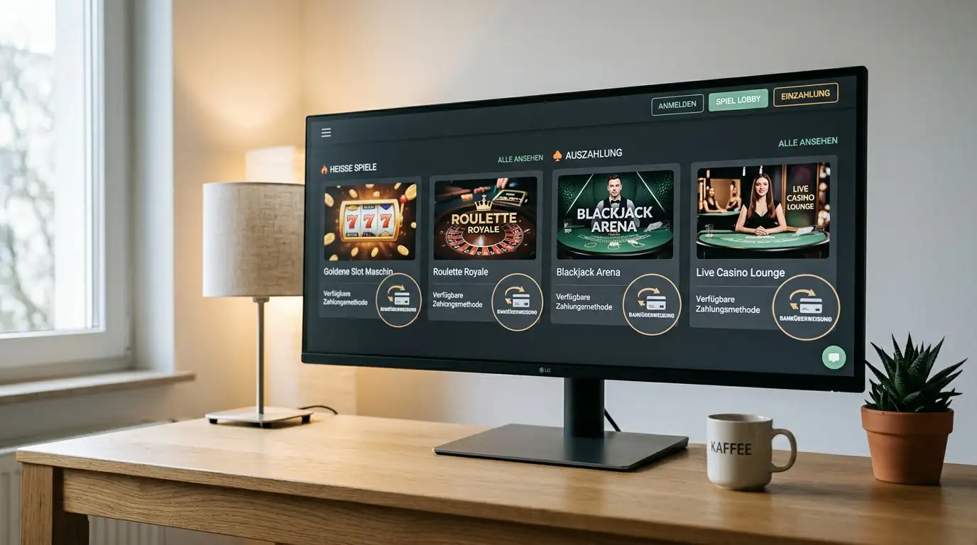 Vergleich von vier Casino-Lobbys auf einem Monitor, jede mit Bank-zu-Bank-Zahlungs-Icon