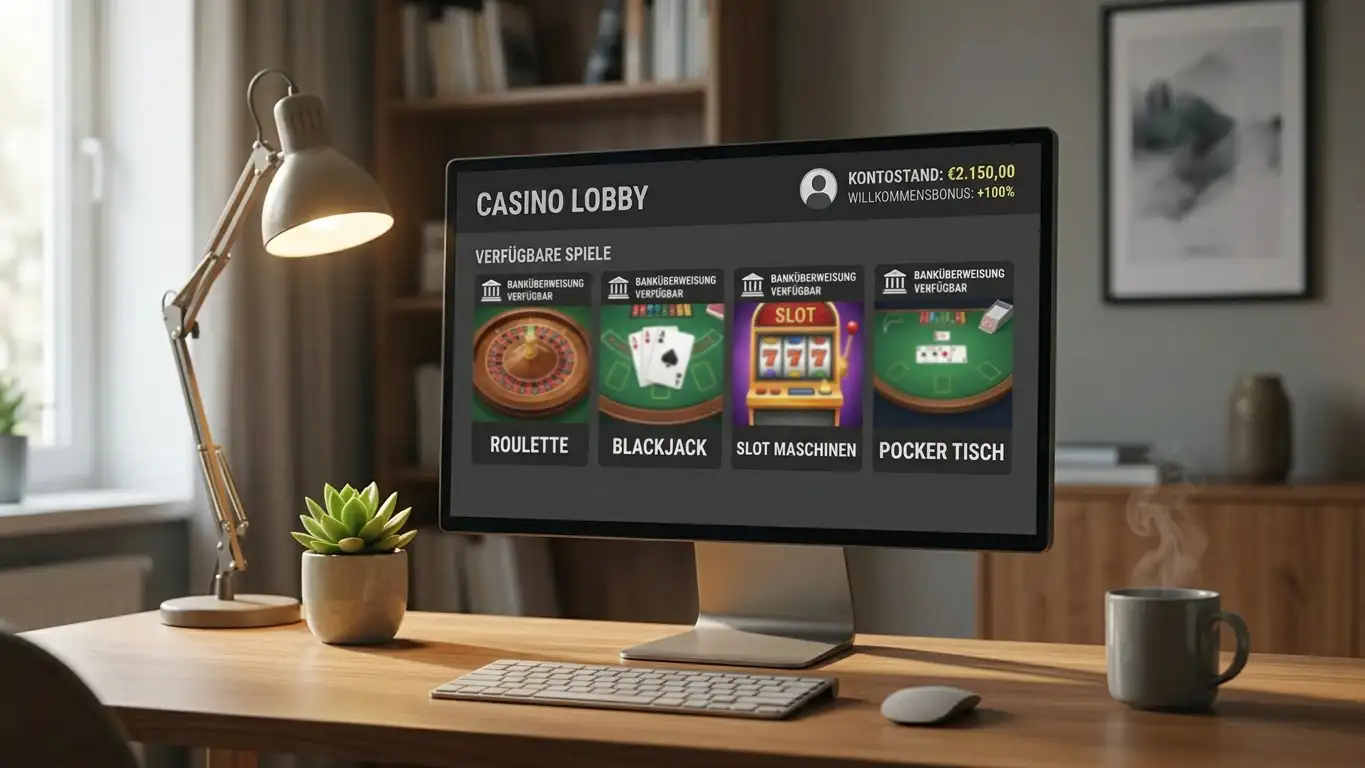 Vergleich von vier Casino-Lobbys auf einem Monitor, jede mit Trustly-Zahlungs-Icon