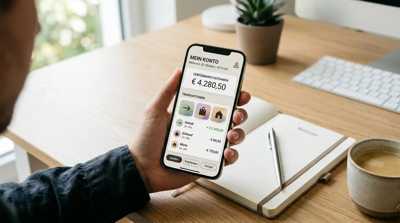 Smartphone mit mobiler Auszahlung im Online-Casino am Schreibtisch