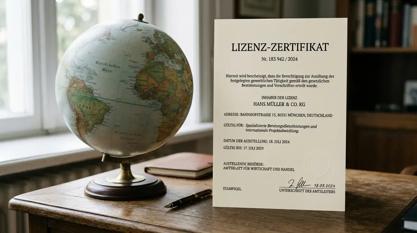 Neutrales Lizenzdokument und Weltkarte mit Curaçao und Malta als Symbol für internationale Glücksspiellizenzen