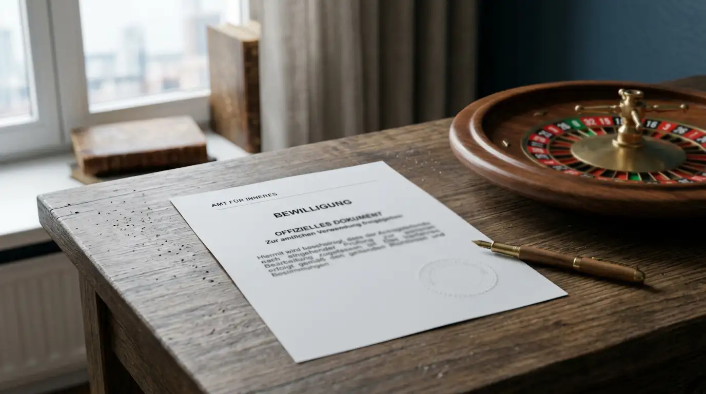 Neutrale deutsche Lizenzurkunde ohne Wappen neben einem Roulette-Rad auf dem Schreibtisch