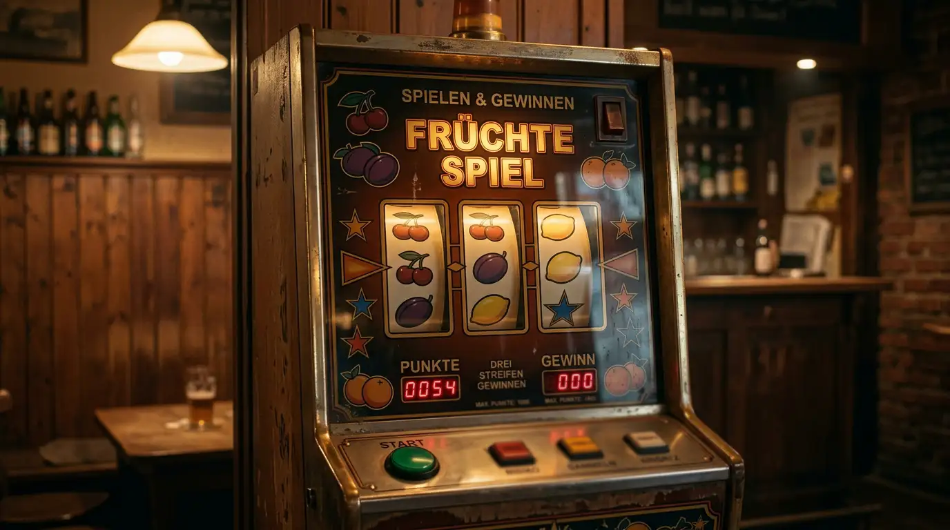 Retro-Spielautomat mit stilisierten Frucht- und Sonnensymbolen ohne Markenlogo